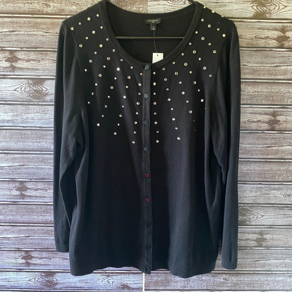 Talbots Women's Long-Sleeved Button-Down Cardigan Size‎ 1X Black Embellished NWT